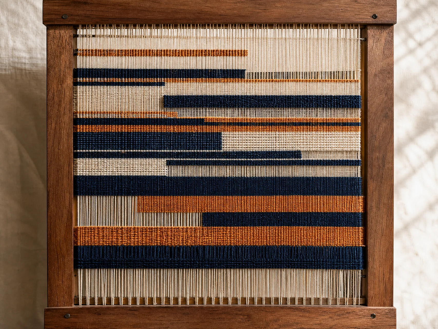 Flax data weft passing through indigo warp